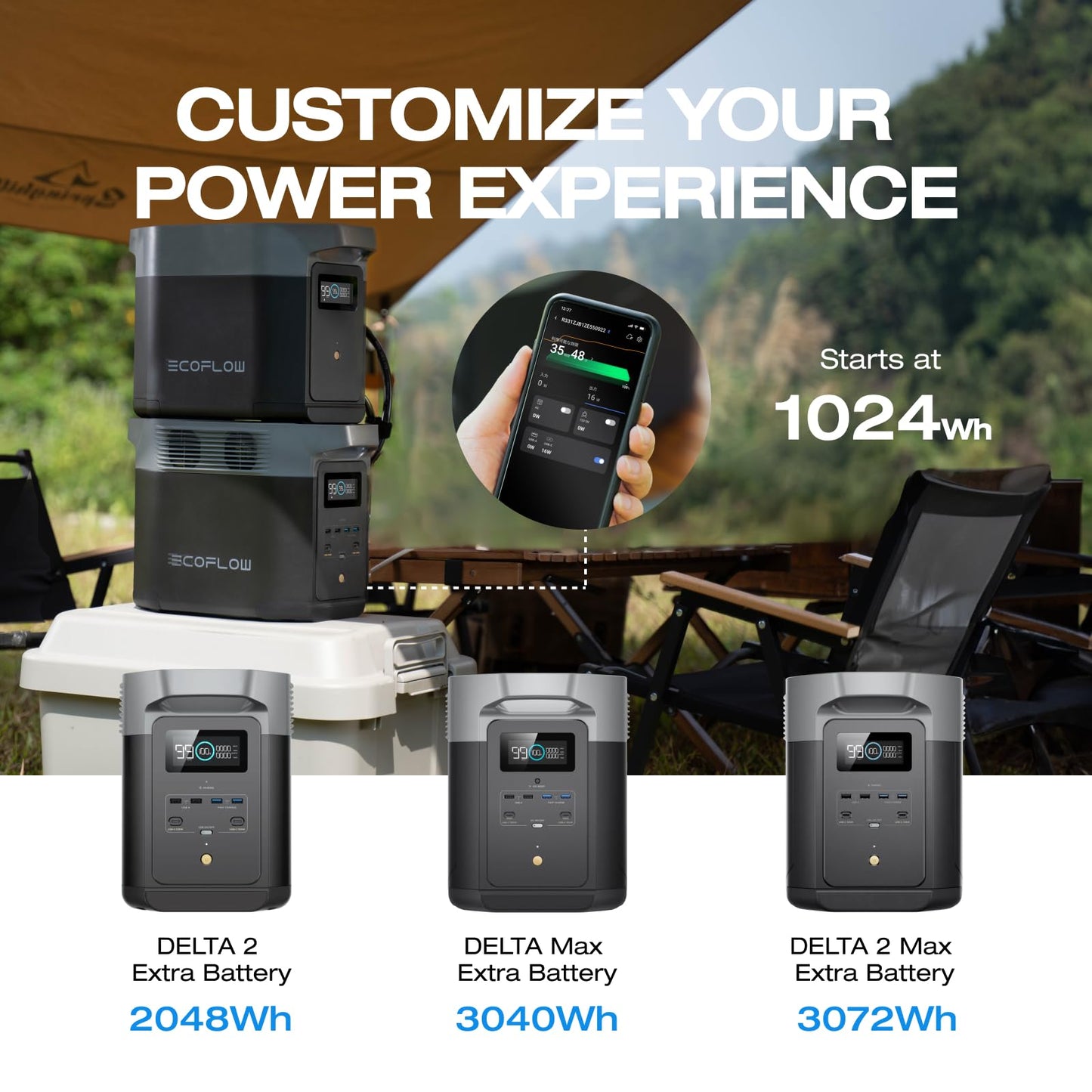 EF ECOFLOW DELTA 2 1024 Wh Portable Power Station with XT60i Cable, Solar Generator with LiFeP04, Expandable Capacity up to 3 kWh, Quick Charge from 0–80% in 50 min, Generator for Camping/Home