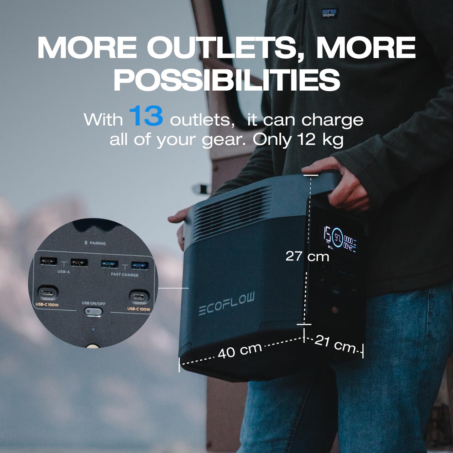 EF ECOFLOW DELTA 2 1024 Wh Portable Power Station with XT60i Cable, Solar Generator with LiFeP04, Expandable Capacity up to 3 kWh, Quick Charge from 0–80% in 50 min, Generator for Camping/Home